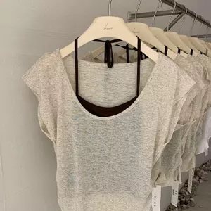 Áo thun ngắn tay cổ chữ U cỡ lớn dành cho nữ Áo yếm dây, Slim-fit Slimmer Look Hẹp-Waisted Sunscre