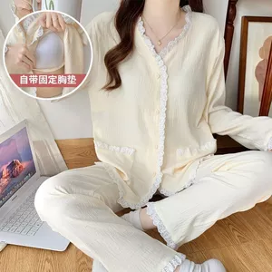 Bộ Đồ Ngủ Cardigan Xuân Thu Quần Dài Tay Nữ Bộ Đồ Mặc Nhà Đệm Lót Ngực Viền Bông Mây Mẫu Mới Năm 2025