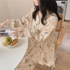 Đồ Ngủ Quần Dài Tay Ren Cardigan Ngọt Ngào Bong Bóng Nhăn Đồ Mặc Nhà Nữ Bộ Hai Chiếc