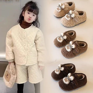 Giày bé | Bé gái lông cừu nơ gấu giữ ấm đế mềm chống trượt | Đi trong nhà mùa đông đi chơi ngoài trời