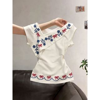 [Giảm giá 50%] Áo thun ngắn tay thêu hoa trắng dành cho nữ Mùa hè Retro Tính khí Sli