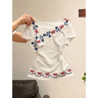[Giảm giá 50%] Áo thun ngắn tay thêu hoa trắng dành cho nữ Mùa hè Retro Tính khí Sli