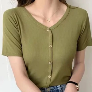 Áo Thun Tối Giản Mùa Hè Mới Thời Trang Cổ Chữ V Cổ Trung Niên Nữ Nút Top