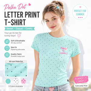Áo thun nữ mùa hè chấm bi in chữ giản dị ngọt ngào Slim Fit tay ngắn cổ tròn Tee Top