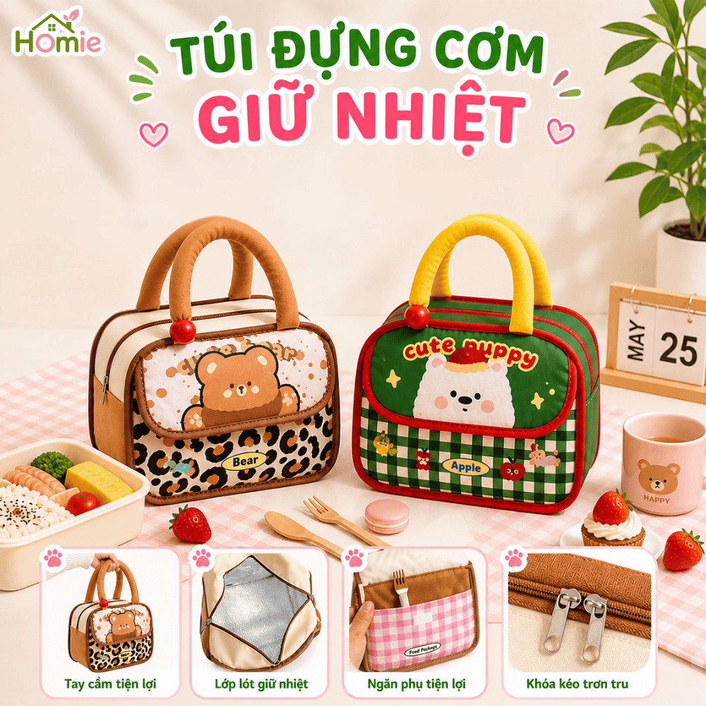 Túi Cơm Giữ Nhiệt Dung Tích Lớn HOMIE, Túi Cơm Văn Phòng Đi Học, Chống Nước Họa Tiết Dễ Thương