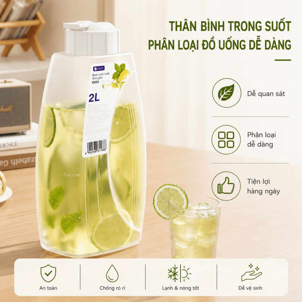 Bình Đựng Nước Chịu Nhiệt 1L-2L HOMIE, Bình Nước Tủ Lạnh Dung Tích Lớn, Nhựa PP An Toàn, Cao Cấp