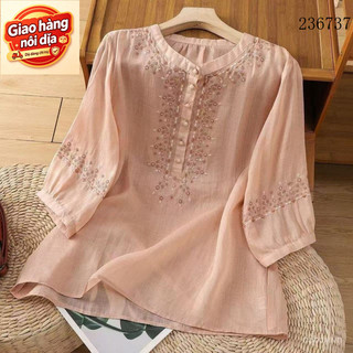 Giao hàng nội địa từ Việt Nam Áo sơ mi cotton lanh nửa tay dành cho phụ nữ với cổ đứng giả và thêu retro mỏng nhẹ