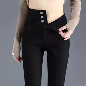 Quần jean dày lót lông cừu màu xanh eo cao mỏng hơn trông co giãn bút chì Skinny Quần Skinny