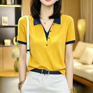 Phong Cách Hàn Quốc Đi Lại Cổ POLO Xanh Hải Quân Dệt Kim Tay Ngắn Nữ Mùa Hè Tính Khí Mỏng Phong Cách Khâu Áo Thun Top