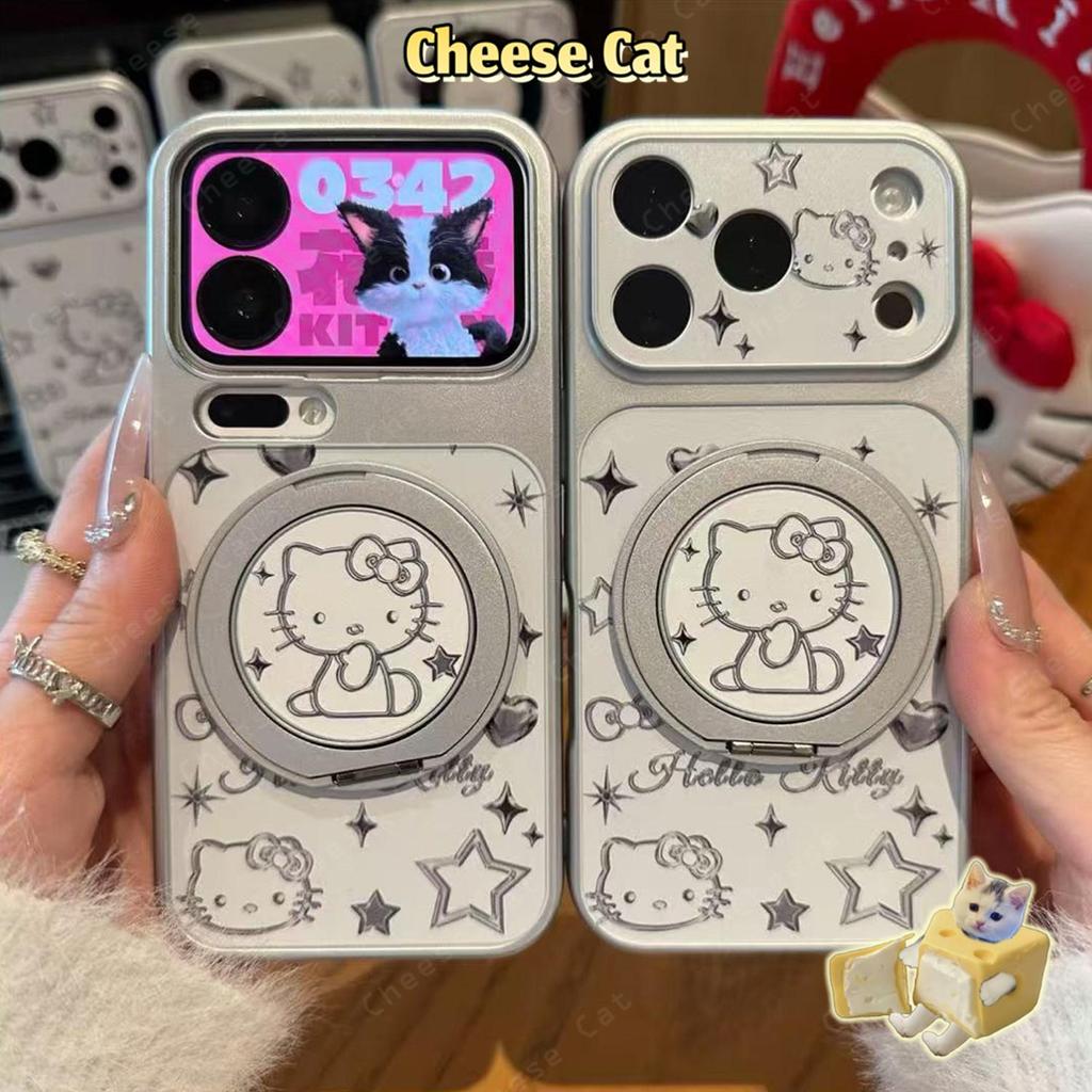 Ốp Điện Thoại Da Kitty Dây Bạc Có Chân Đế Xoay Bằng Kim Loại Cho iPhone 16 17 13 14 15 Plus 12 11 Pro Max Xs XR