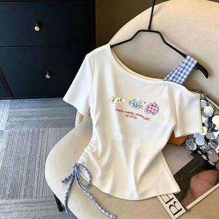 Áo thun bé gái cotton in hình dễ thương lệch vai - áo tay ngắn mùa hè thời trang cho trẻ em