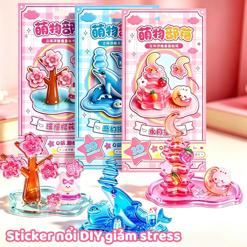 Sticker 3D Acrylic Sticker Nổi Pha Lê DIY Decor Tủ Kính Bàn Học, Hình Dán Hoạt Hình Dễ Thương