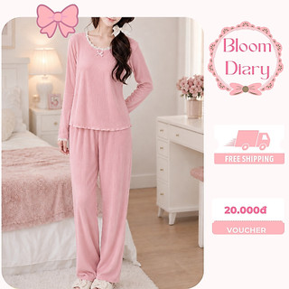 Bộ Mặc Nhà Nữ Áo Tay Dài Viền Ren Và Quần Dài Chất Thun Gân Cotton Mềm Mịn, Bộ Đồ Ngủ Nữ Thu Đông Dễ Thương -BD019
