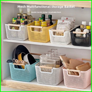 Giỏ đựng lưới thoáng khí YB2 có tay cầm bằng gỗ nguyên khối kép Thùng sắp xếp đa chức năng