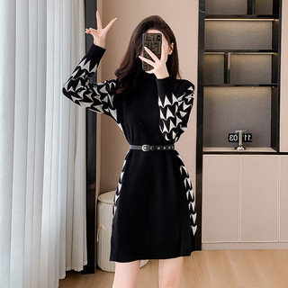 Váy dệt kim nữ màu đen dáng rộng ôm, phong cách Hàn Quốc