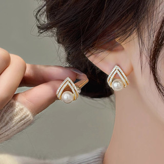 Bông tai ngọc trai và đá Burgundy hình học, style cổ điển cao cấp
