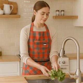 Tạp dề làm việc đầu bếp MONOSTYLE, Tạp dề nhà bếp in hình ca rô có khóa kéo, Tạp dề nấu ăn đa năng bằng vải Cotton chống bẩn Vệ sinh gia đình