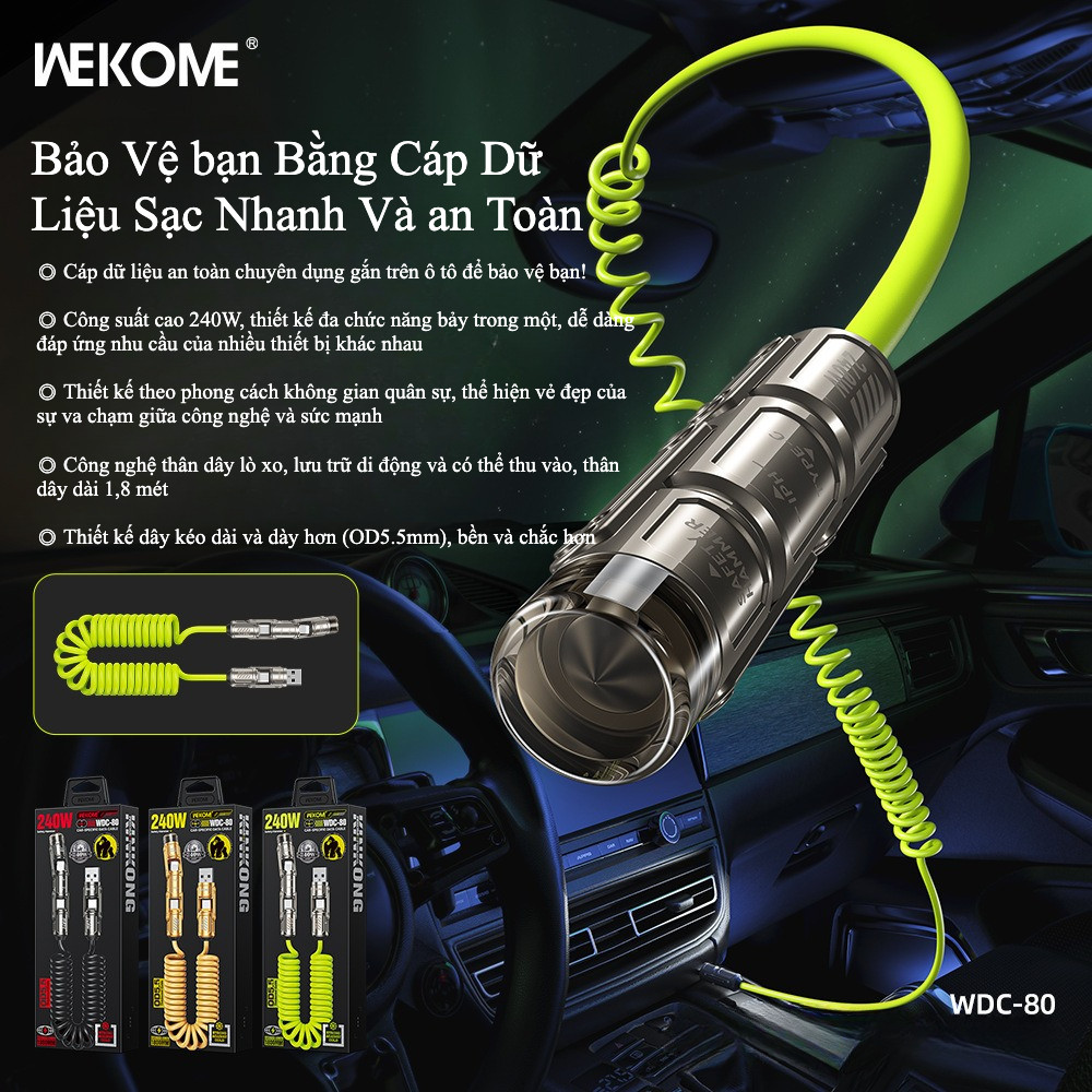 Dây cáp sạc nhanh lò xo - WDC 80 WEKOME - Kèm búa phá cửa - 4 in 1 240W – Lò xo co giãn - Có Carplay