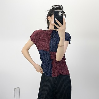 Miyake Áo Thun Cổ Cao 2025, Phong Cách Mới Với Họa Tiết Xếp Ly Handmade, Màu Sắc Tương Phản và Chất Lượng Mỏng Nhẹ