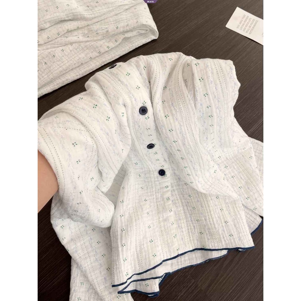 Bộ đồ ngủ hoa ren sọc nữ, quần dài tay, style Nhật Bản phù hợp xuân thu