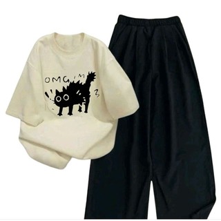 Sét bộ quần chun đen cạp cao +mix áo phông form rộng tay lỡ- mèo OMG-
