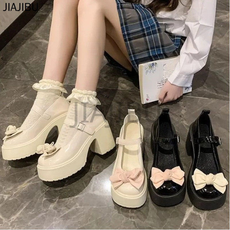 Size 34-44 Giày Da Gót Dày Màu Be/đen Chất Lượng Cao Đồng Phục JK Nhật Bản Lolita Nơ Cho Trường Học Giày Cao Gót Công Chúa Cosplay Mũi Tròn Chống Trượt Cỡ Lớn Phong Cách Pháp Cổ Điển Dành Cho Nữ Korean Fashion Platform Mary Jane Doll Shoes