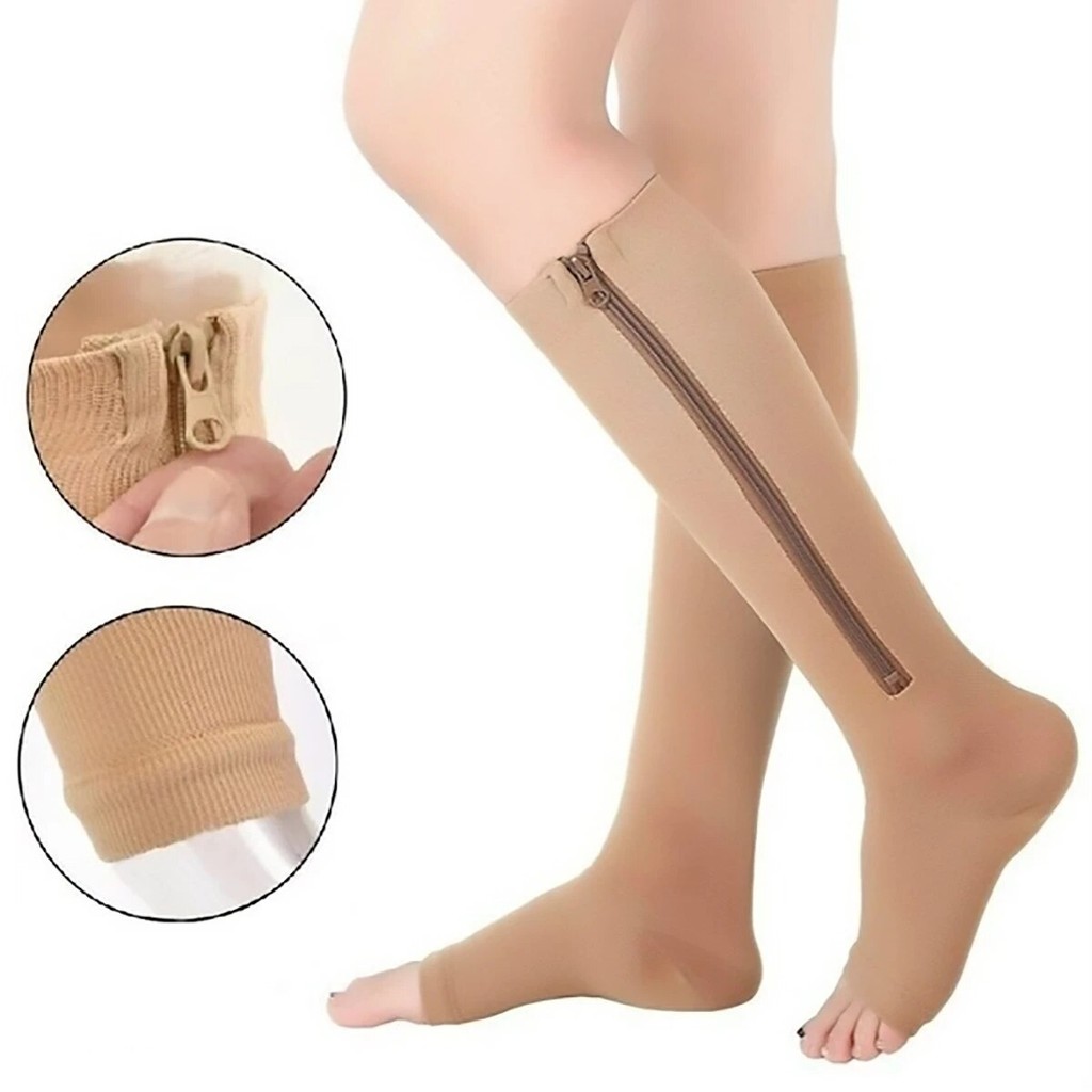 Tất hỗ trợ đầu gối nam nữ có dây kéo, mở ngón, mỏng nhẹ, chống mỏi chân, co giãn tốt.
