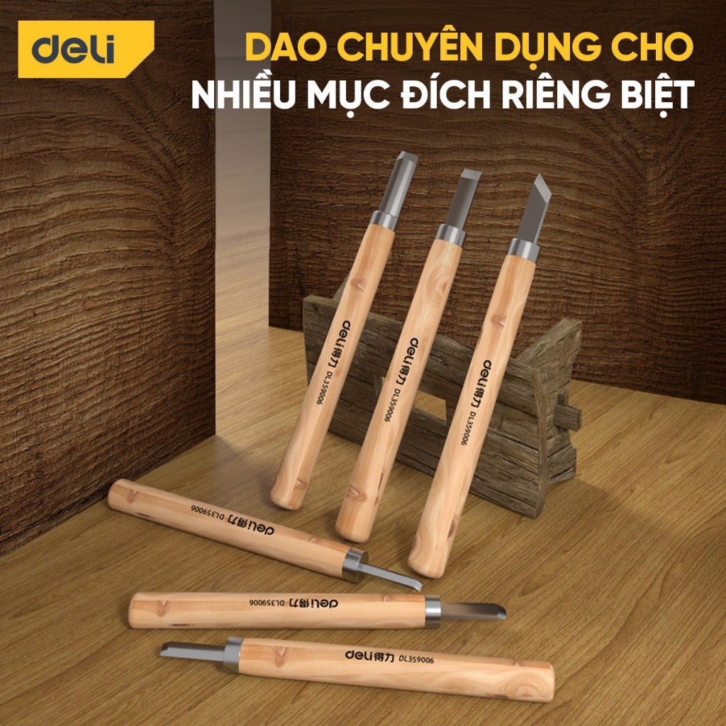 Bộ dao khắc cán gỗ Deli Cao Cấp - Lưỡi SK2 sắc bén - Khắc gỗ, hoa quả, thạch cao, giấy
