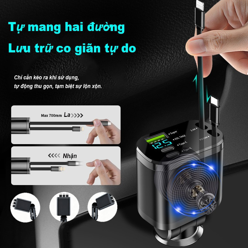 Tẩu Sạc Ô Tô 120W Đa Năng - 4 Cổng Sạc Cùng Lúc, Đèn LED Báo Hiệu, Sạc Nhanh An Toàn