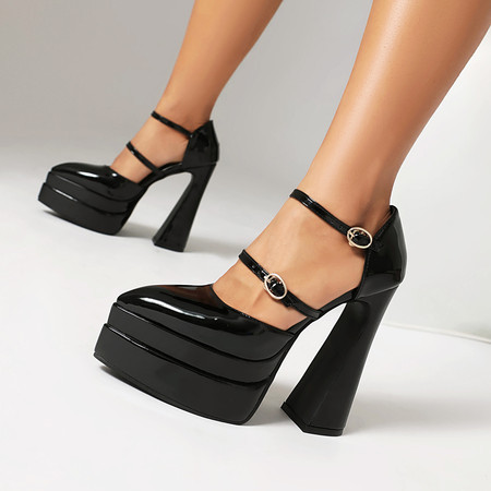 SKMY34-43 Kích Thước Lớn Mũi Nhọn Đế Dày Bằng Sáng Chế Da Nông Miệng Bên Rỗng Khóa Dây Sandal Thời Trang Dày Cao Gót Hộp Đêm Dây Lưng Mô Hình