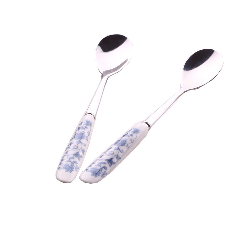 Tay cầm bằng gốm bằng thép không gỉ Hoa văn màu Xuất khẩu Kích thước nhỏ Thìa khuấy Nĩa trái cây T1D1