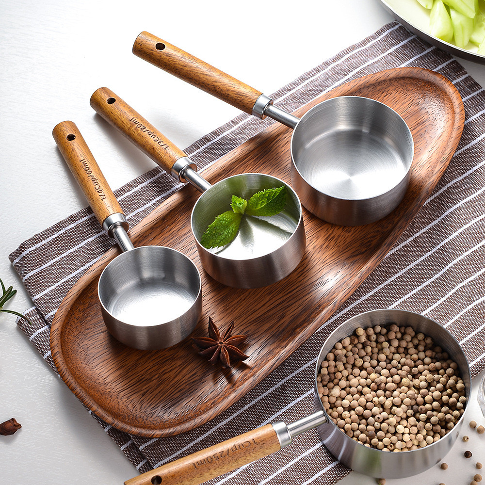 Cốc đo lường bằng thép không gỉ mạ vàng Muỗng đo lường Acacia Tay cầm bằng gỗ Dụng cụ đo lường Bát @ -