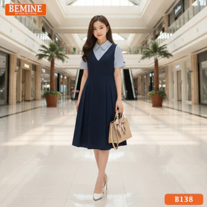 Đầm thiết kế BEMINE cổ sơ mi giả yếm phối sọc dáng chữ A phù hợp đi làm-B138