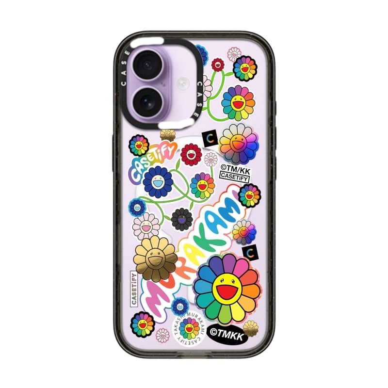 TAKASHI MURAKAMI x CASECASE: HOA BLOOM FLOWERS STICKER MANIA Black Edge Clear Hard Từ Hút Tác Động Dành Cho Apple IPhone 12 13 14 15 16 17 Pro Max Air Plus Có Hộp