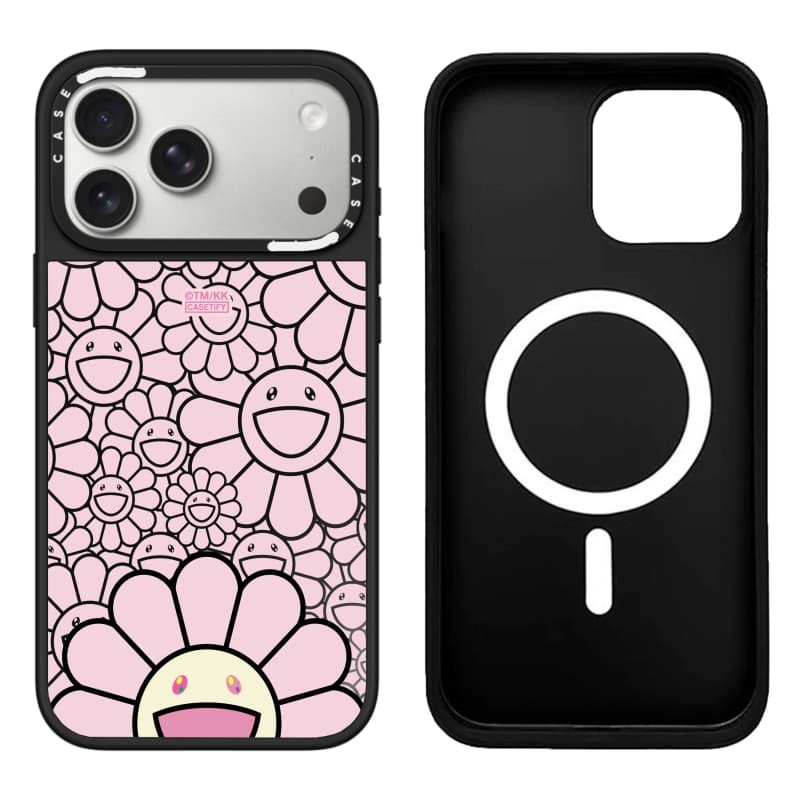 TAKASHI MURAKAMI x CASECASE: FLOWERS BLOOM SMILE (HỒNG) Gương đen & bạc Vỏ iPhone hút từ tính cho iPhone 17 Air 16 15 14 13 12 Pro Max Plus logo khắc