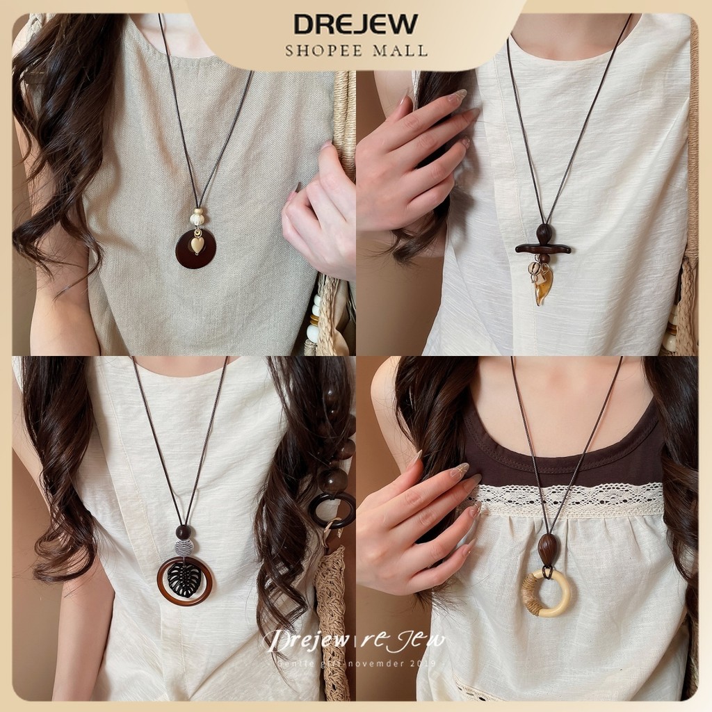 DREJEW bohemian gỗ đa yếu tố mặt dây chuyền vòng cổ thiết kế phong cách dân tộc để mặc hàng ngày đi biển kỳ nghỉ tiệc du lịch và quà tặng sinh nhật nữ