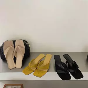 TT Mũi Vuông Flip-Flops Flip-Flops Giày Nữ Giày Cao Gót Da Mờ Dép Sli