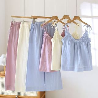 [Pre-Order]_0001 -Bộ đồ ngủ phong cách Hàn Quốc, kiểu ins, có đệm ngực, gồm áo hai dây và quần dài, đơn giản và rộng rãi