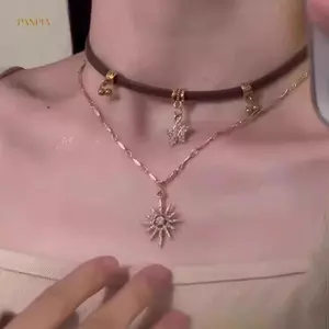 PNPIA- Thời Trang Nữ Vintage Da Choker Nelace Hai Lớp Ngôi Sao Mặt Dây Chuyền Trang Sức Dây Xích Có Thể Điều Chỉnh