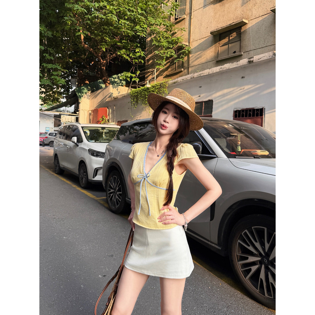 SUXI Áo thun ngắn tay dệt kim cổ chữ V giản dị dành cho nữ mùa hè mới 260520