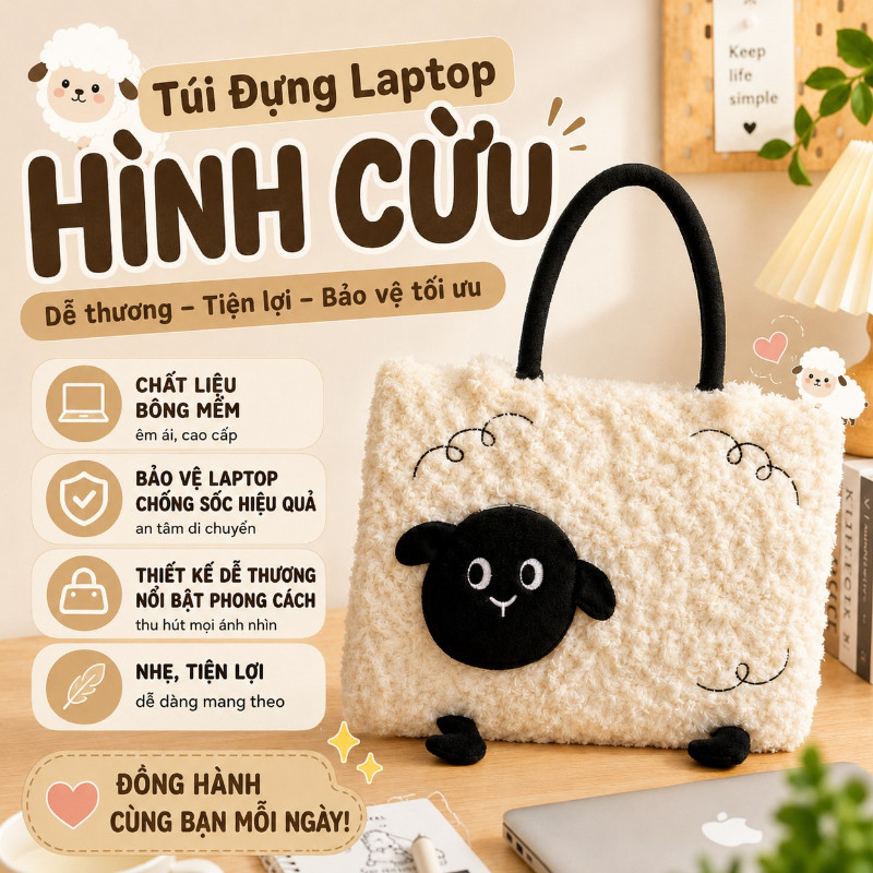 Túi Đựng Laptop Ipad Hình Cừu Túi Đeo Vai Dễ Thương Lông Mềm Chống Sốc Ccho Nữ 13 14 Inch