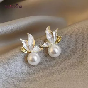 Bông tai ngọc trai lá rụng dầu bạc AqToCna, Bông tai ngọc trai thanh lịch dành cho nữ Món quà trang sức thời trang AqToCna