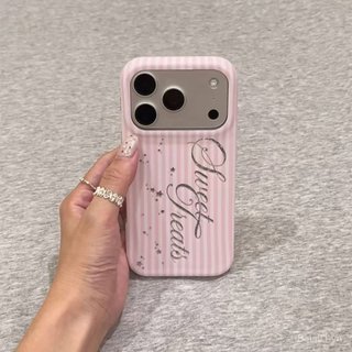 Ốp Điện Thoại Thích Hợp Cho iPhone Bạc Ngôi Sao Tiếng Anh Hồng Trắng Sọc iPhone17Pro / 16 / 15 / 14 Ốp Điện Thoại 13 Trái Tim Cô Gái 12 Đơn Giản 11 Vỏ Bảo Vệ LJM