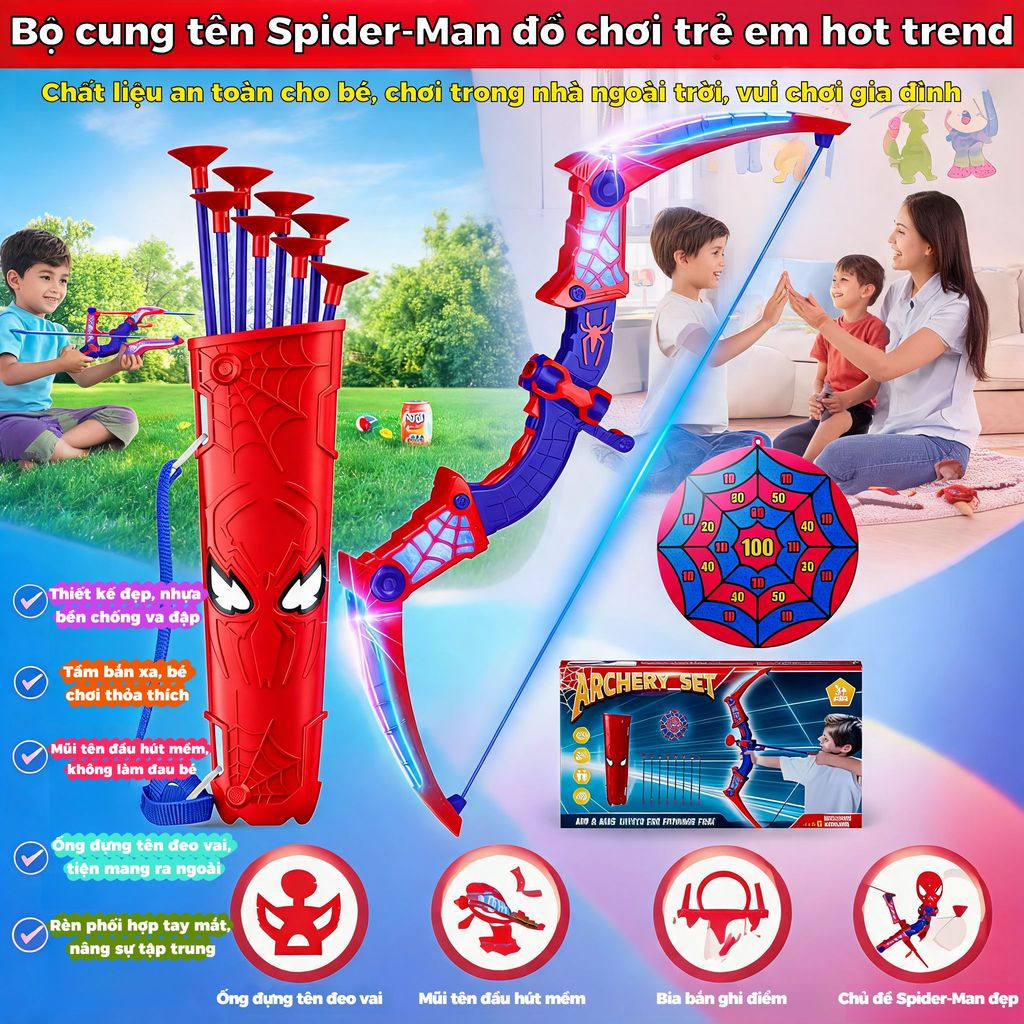 Cung Tên Người Nhện Có Ống Đựng Tên Đeo Vai Đèn LED Đầu Hút Silicon An Toàn Cho Bé 3+ đồ chơi ngoài trời trẻ em