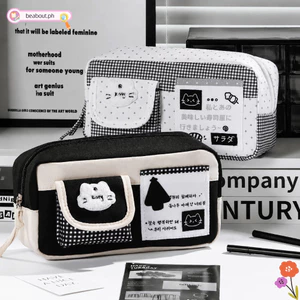 BEABOUT Bút Chì, Miếng Dán Mèo Dung Tích Lớn Túi Đựng Bút, Thiết Kế Kẻ Sọc Nhiều Túi Bền Đẹp Đồ Dùng Học Tập