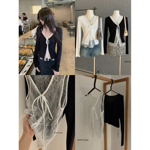 𝐌𝐈𝐄𝟗𝟔 𝐱 𝐖𝐆𝐖𝐄|Set Áo Nữ 2 Món – Áo cardigan dệt kim mỏng dài tay + Áo Lưới Phối Ren Buộc Dây Ôm Eo W6683#