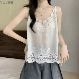 Áo hai dây thêu YUJINI, Vải lanh Cotton Retro Bohemian Spaghetti Dây đeo Camisole, Móc đa năng Hoa không tay rỗng cổ chữ V dành cho nữ