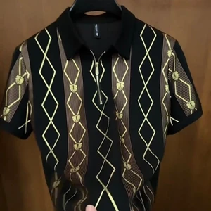Áo polo in hình nam mùa hè thời trang mới giản dị nửa dây kéo Áo thun ngắn tay trung niên dành cho nam