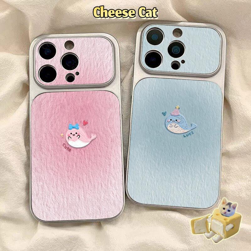 Ốp điện thoại bảo vệ bằng da cá voi xanh bị nhòe màu hồng cho iPhone 15 14 11 12 13 Pro Max XR Xs Max 17 Pro 16 Plus