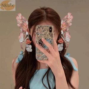 NKSFX 2 Cái / bộ Kẹp Tóc Bướm Truyện Cổ Tích, Kẹp Tóc Tạo Kiểu Thanh Lịch, Thời Trang Phong Cách Cổ Đại Cực Lớn Mũ Lụa Hoa Dành Cho Nữ Bé Gái